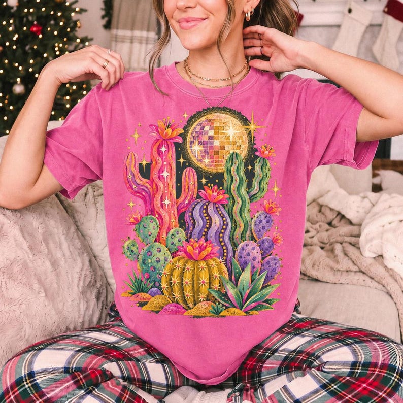 Retro 70s psychedelic glitter cacti with a disco ball moon in pink, mustard, violet and mint