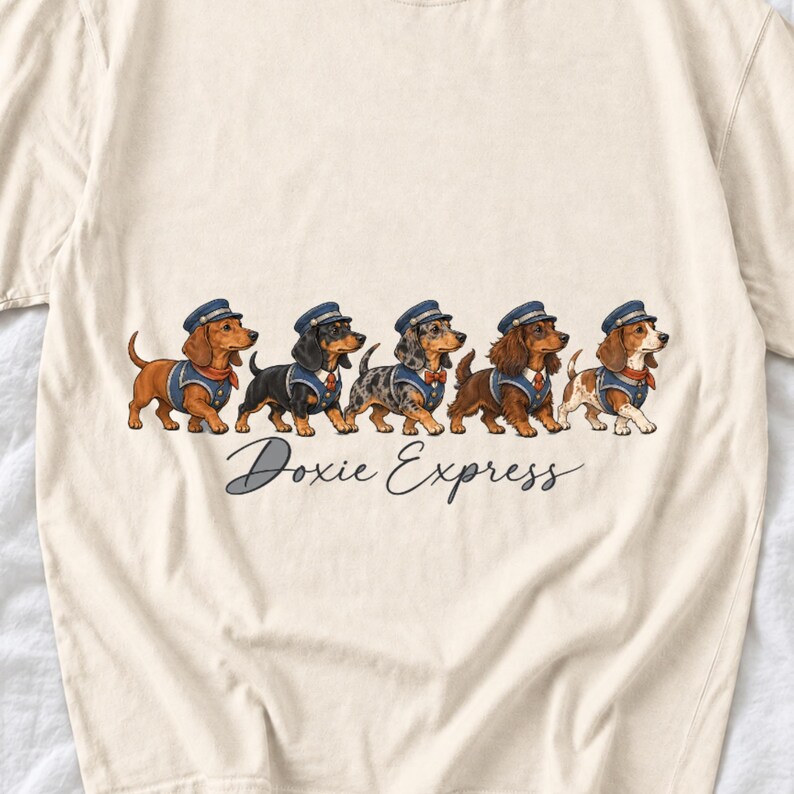 Illustrated dachshunds in conductor hats lined up like a train, text Doxie Express