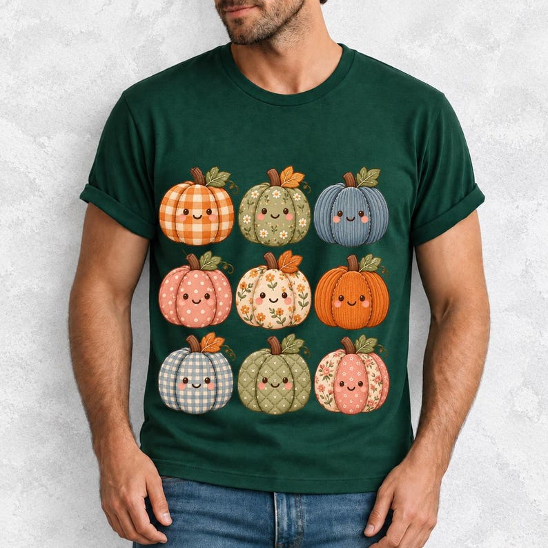 Grid of smiling pumpkins sewn from gingham, floral and corduroy patchwork fabric in autumn colors