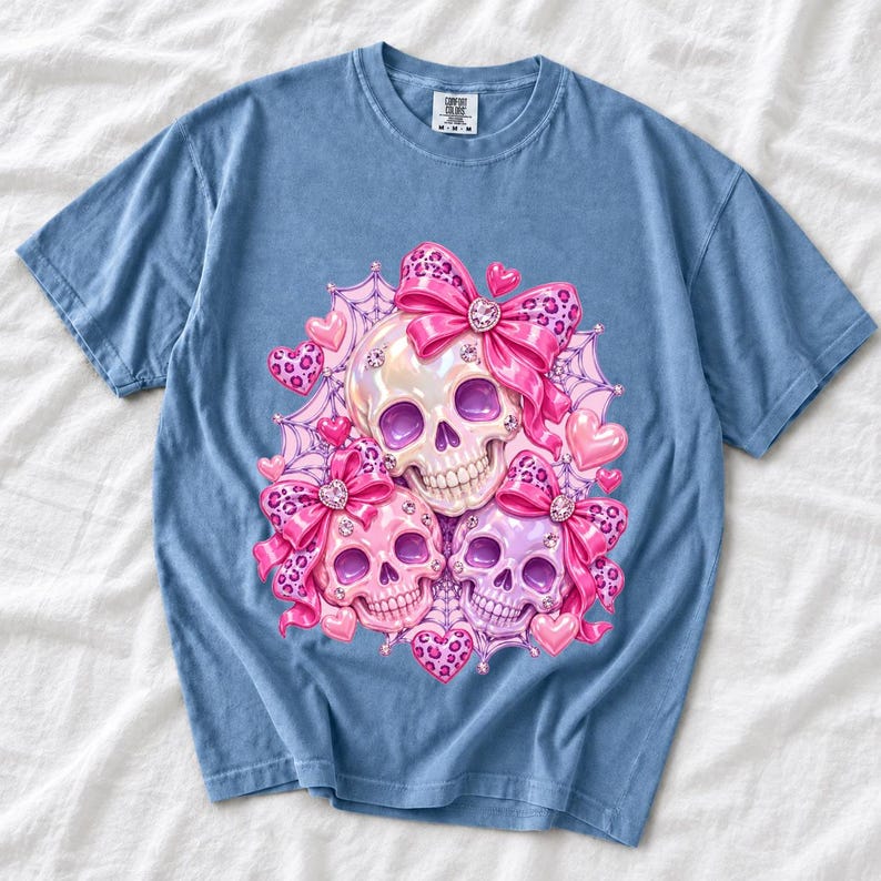 Puffy glossy 3D pink skulls with bows, hearts, cobwebs and rhinestones in coquette style