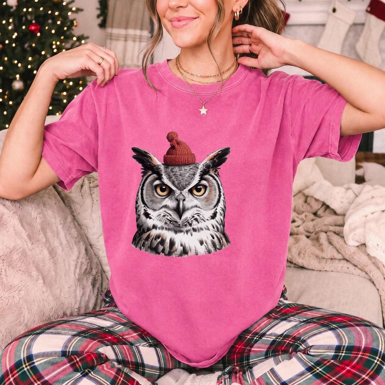 Comfort Colors Owl Santa Hat Shirt, Sketch Owl Christmas Tee, Great Horned Owl Winter T-shirt, Owl Lover Holiday Shirt, Bird Lover Owl Tee