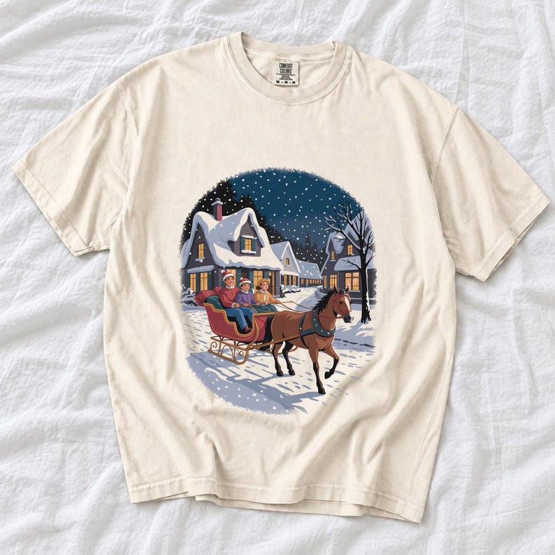 Comfort Colors Horse Sleigh Christmas Shirt, Retro Christmas Village Tee, Snowy Sleigh Ride T-shirt, Christmas Horse Shirt Women, Sleigh Tee