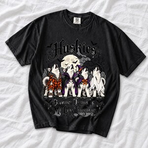 Four huskies in werewolf, vampire, witch and ghost costumes howling at the moon with text Huskies, Because Drama Is My Love L