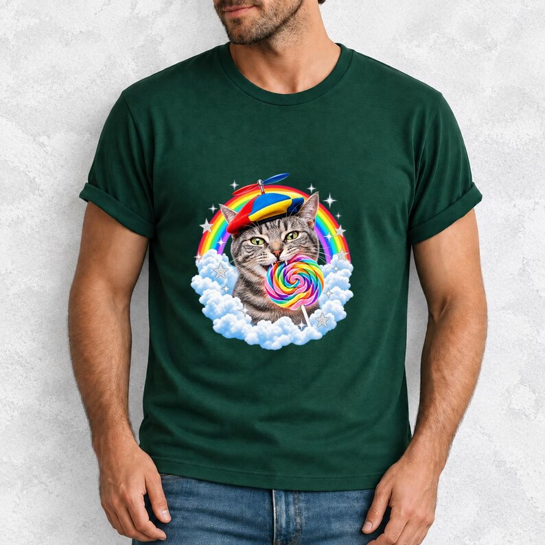 Rainbow Cat Lollipop Propeller Beanie Comfort Colors Shirt product mockup, image 15