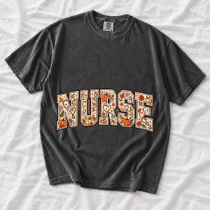 Arched varsity word NURSE filled with autumn leaves, stethoscopes and pumpkins in cream, rust and mustard