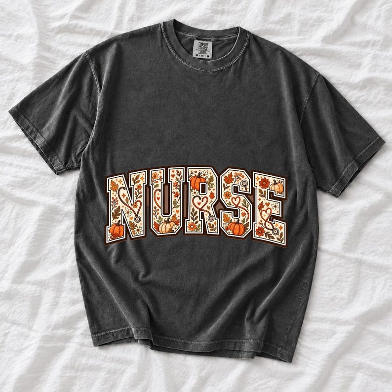 Arched varsity word NURSE filled with autumn leaves, stethoscopes and pumpkins in cream, rust and mustard