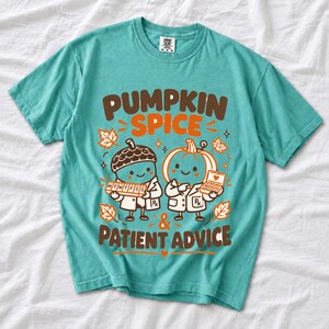 Acorn and pumpkin characters in pharmacist coats holding pill organizers, text Pumpkin Spice & Patient Advice