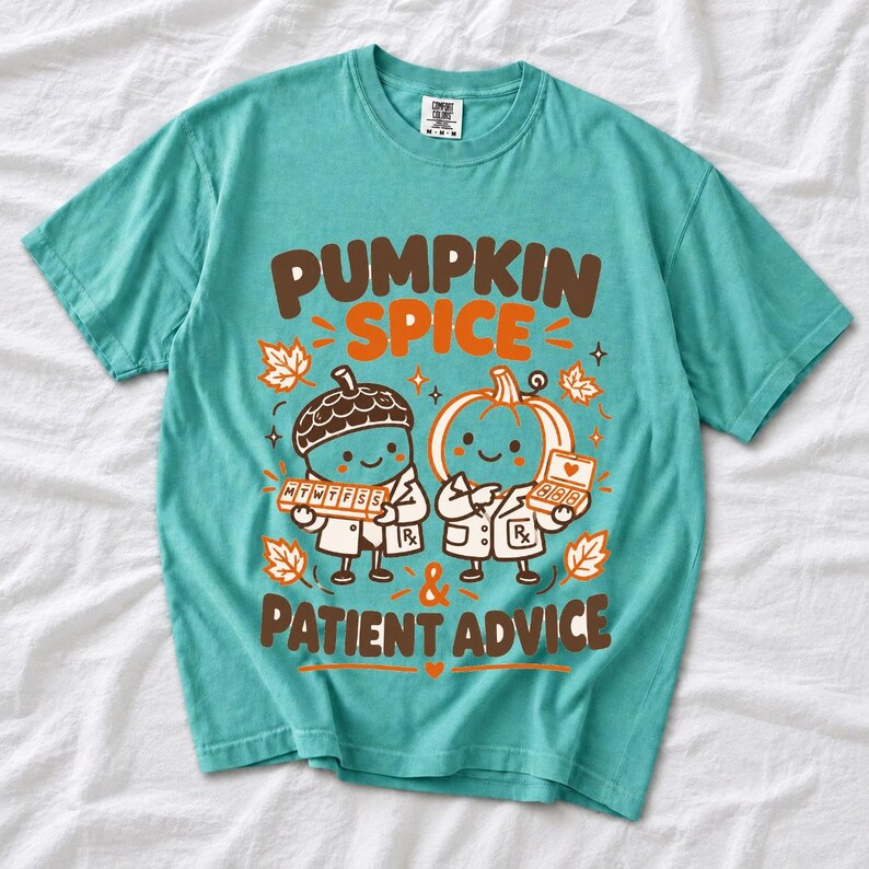 Acorn and pumpkin characters in pharmacist coats holding pill organizers, text Pumpkin Spice & Patient Advice