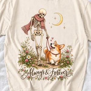 Скелет выгуливает корги «Always & Forever» (без Хэллоуина)