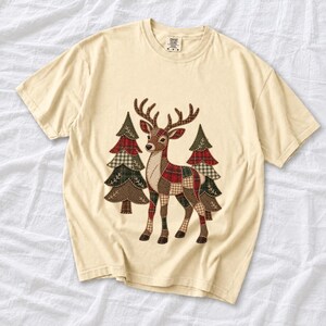 Comfort Colors Plaid Reindeer Christmas Shirt, Patchwork Reindeer Tee, Rustic Christmas Deer T-shirt, Farmhouse Reindeer Holiday Shirt