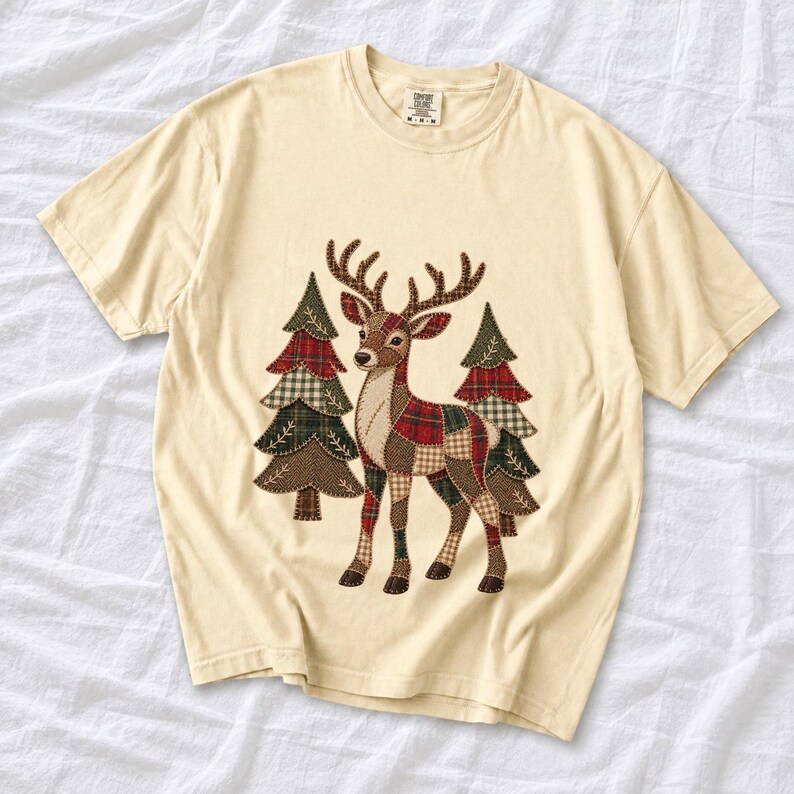 Comfort Colors Plaid Reindeer Christmas Shirt, Patchwork Reindeer Tee, Rustic Christmas Deer T-shirt, Farmhouse Reindeer Holiday Shirt