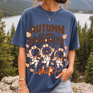 Cute pumpkin characters in nurse caps with clipboards and coffee, text Autumn Is My Favorite Shift