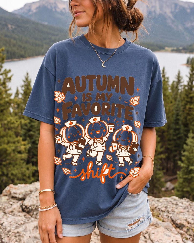 Cute pumpkin characters in nurse caps with clipboards and coffee, text Autumn Is My Favorite Shift