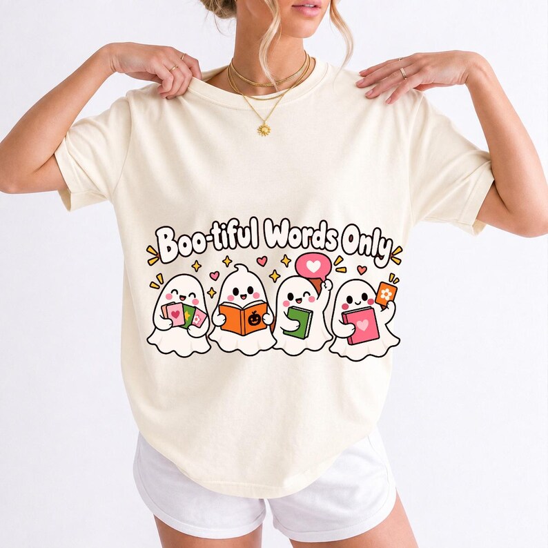 Four kawaii ghosts with flash cards, speech bubbles and books, text Boo-tiful Words Only