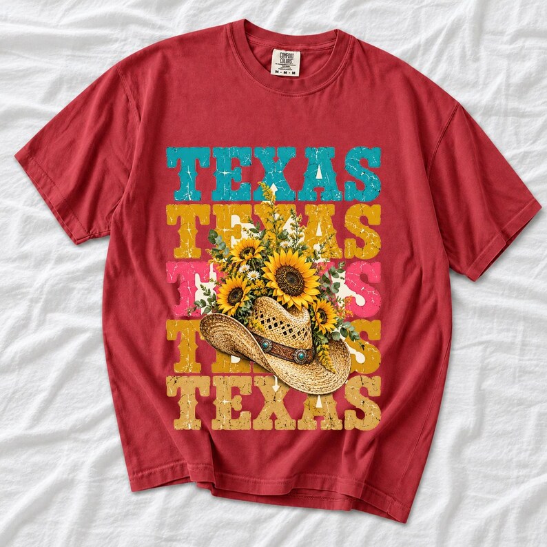 Straw cowboy hat full of sunflowers over a five-line stacked TEXAS word in retro western colors