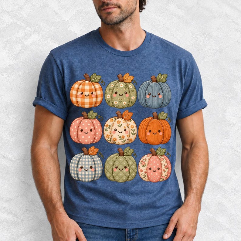 Grid of smiling pumpkins sewn from gingham, floral and corduroy patchwork fabric in autumn colors