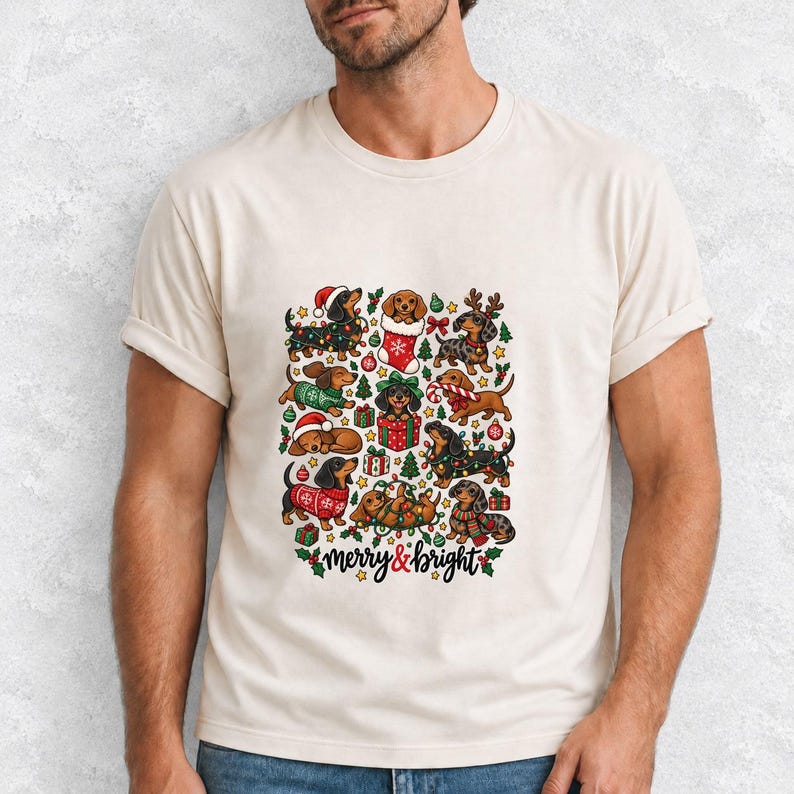 Comfort Colors Merry and Bright Dachshund Shirt, Christmas Doxie Tee, Cute Wiener Dog Christmas T-shirt, Dachshund Mom Holiday Shirt