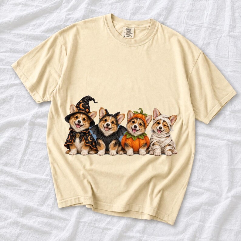 Realistic illustration of four corgi puppies in wizard, bat, pumpkin and mummy costumes in a row