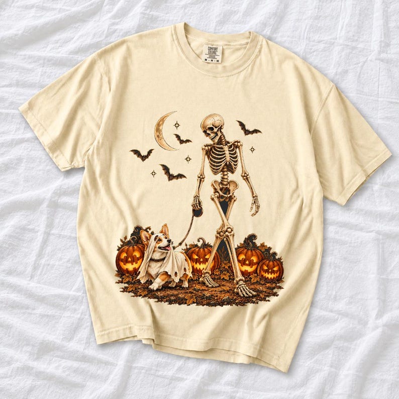 A skeleton walking a corgi in a ghost costume past carved pumpkins under a crescent moon