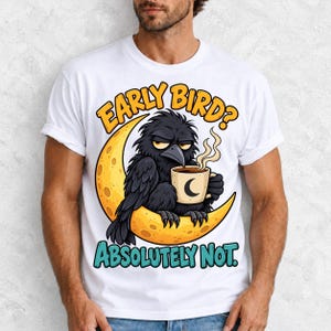 Ворона на луне с кофе «Early Bird? Absolutely Not.» — мульт