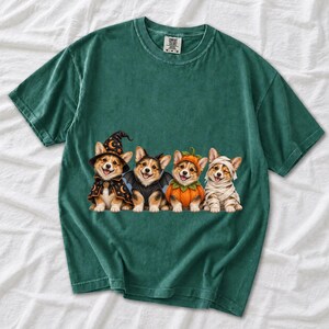 Realistic illustration of four corgi puppies in wizard, bat, pumpkin and mummy costumes in a row