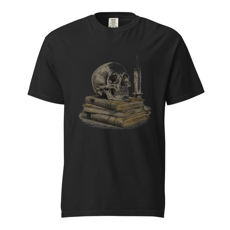 Memento Mori Skull Shirt, Skull and Candle Tee, Comfort Colors Skull Book Lover T-shirt, Gothic Vanitas Skull Shirt image 2