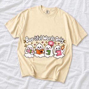 Four kawaii ghosts with flash cards, speech bubbles and books, text Boo-tiful Words Only