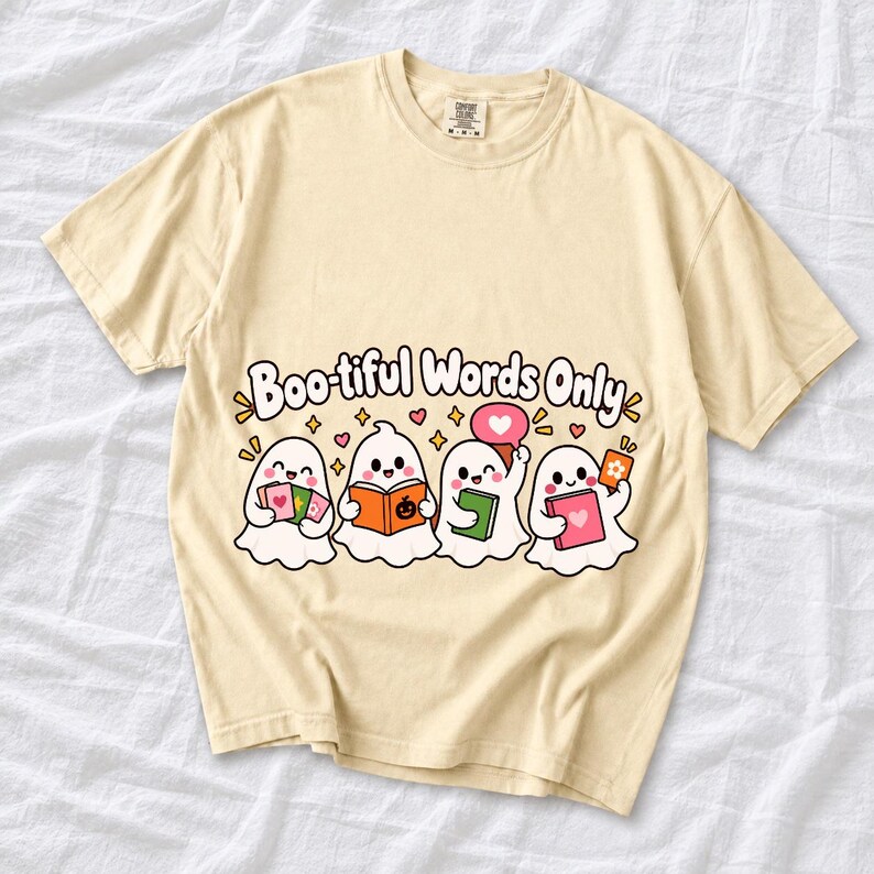 Four kawaii ghosts with flash cards, speech bubbles and books, text Boo-tiful Words Only