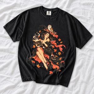 Retro 1950s pin-up witch floating while reading a spell book with an owl on her hat, autumn leaves