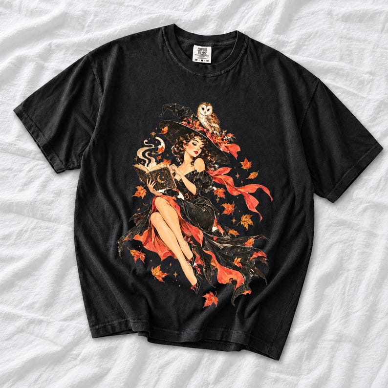 Retro 1950s pin-up witch floating while reading a spell book with an owl on her hat, autumn leaves
