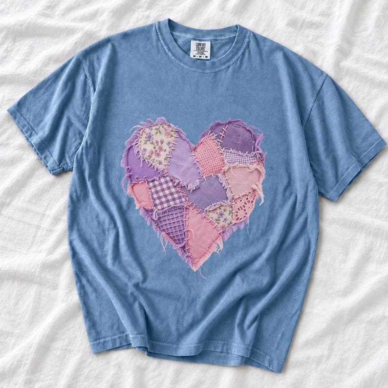 Comfort Colors Lavender Patchwork Heart Shirt, Quilt Heart Tee, Pastel Heart Valentine T-shirt, Valentines Day Heart Shirt Women