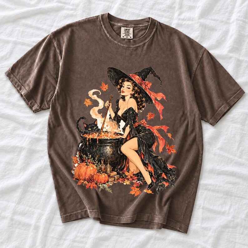 Retro 1950s pin-up witch winking while stirring a cauldron with a black cat peeking over the rim, autumn leaves