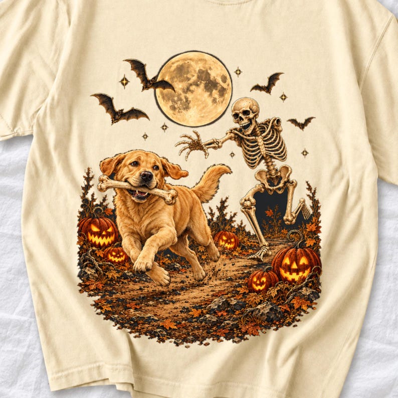 A skeleton chasing a golden labrador that stole its arm bone under a full moon with jack o lanterns and bats