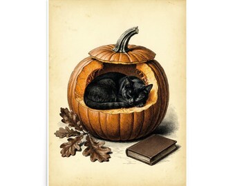 Puede incluir: Una ilustración de estilo vintage que muestra a un gato negro acurrucado dentro de una calabaza naranja ahuecada. Junto a la calabaza hay tres hojas de roble marrones y un libro rectangular cerrado, sobre un fondo de pergamino envejecido.