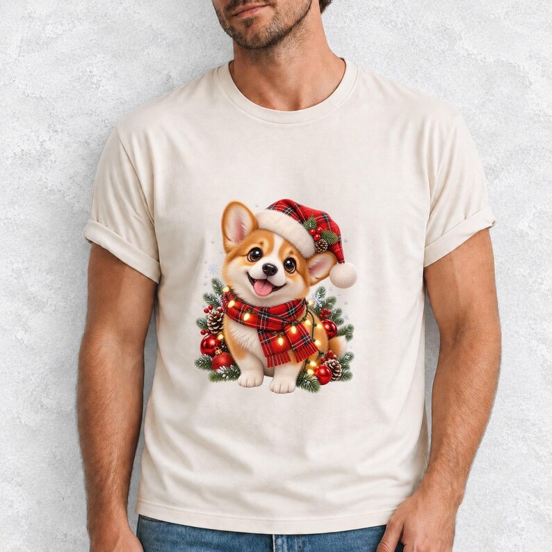 Comfort Colors Christmas Corgi Puppy Shirt, Cute Corgi Santa Hat Tee, Corgi Lover Christmas T-shirt, Corgi Mom Holiday Shirt