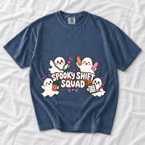 Four kawaii ghosts with stethoscope, bandages, coffee and clipboard, text Spooky Shift Squad