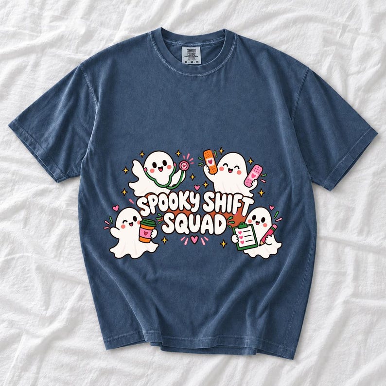 Four kawaii ghosts with stethoscope, bandages, coffee and clipboard, text Spooky Shift Squad