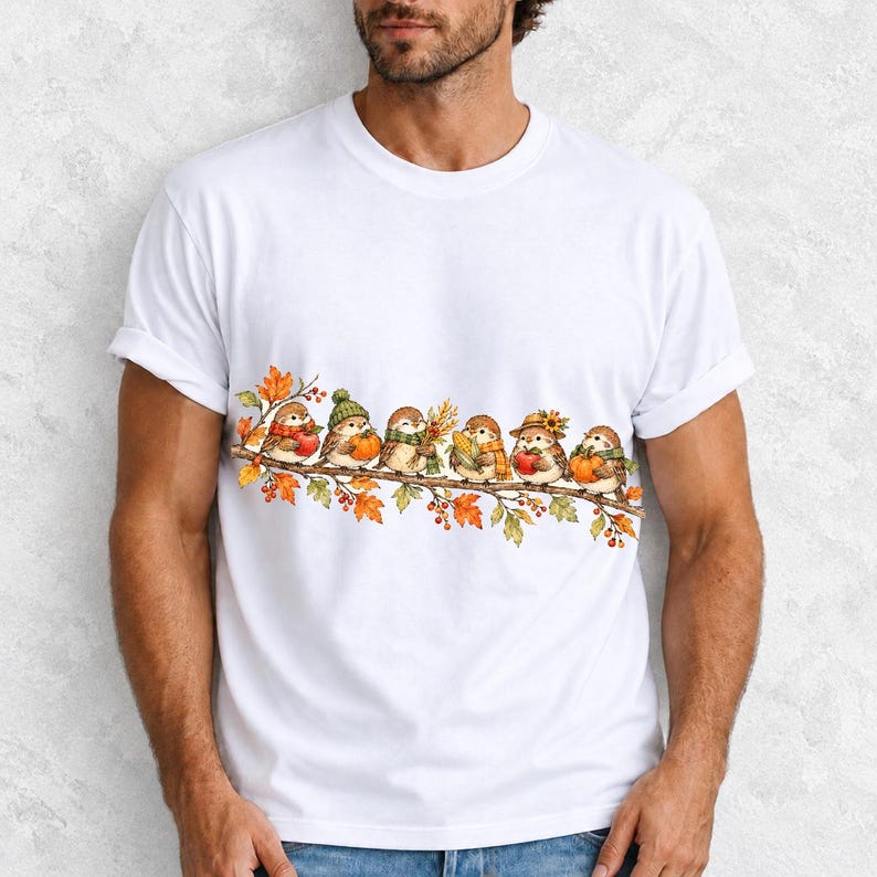 Row of watercolor sparrows on a branch holding tiny apples, corn and a pumpkin for harvest