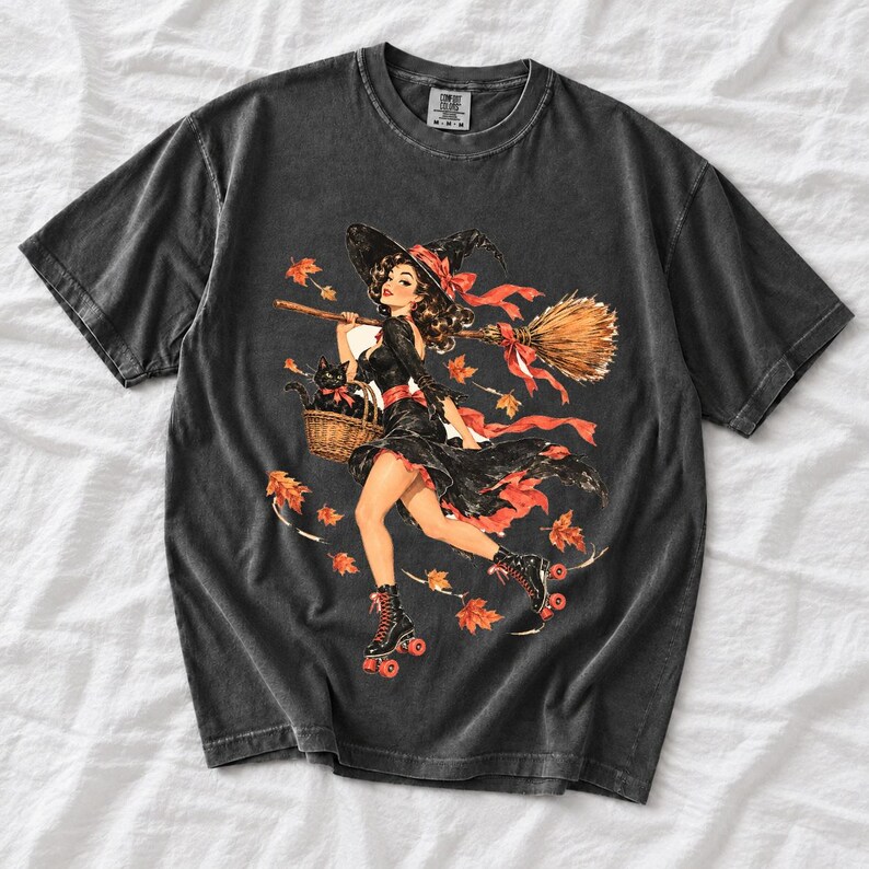 Retro 1950s pin-up witch on roller skates with a broom and a cat in a basket, autumn leaves