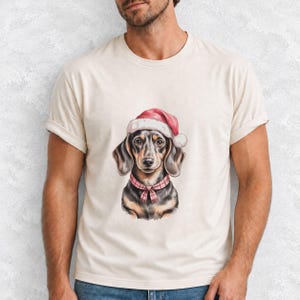 Comfort Colors Dachshund Santa Hat Shirt, Watercolor Doxie Christmas Tee, Dachshund Christmas T-shirt, Doxie Mom Holiday Shirt
