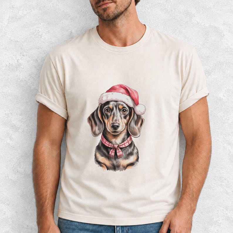 Comfort Colors Dachshund Santa Hat Shirt, Watercolor Doxie Christmas Tee, Dachshund Christmas T-shirt, Doxie Mom Holiday Shirt