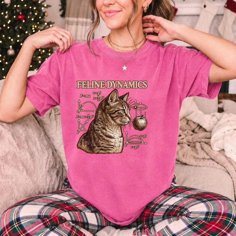 Comfort Colors Science Cat Shirt, Feline Dynamics Tee, Retro Physics Cat T-shirt, Physics Teacher Cat Tee, Engraved Tabby Cat Shirt