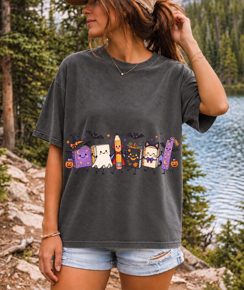 Kawaii books, pencil and bookmark with faces in Halloween costumes, pastel purple and orange