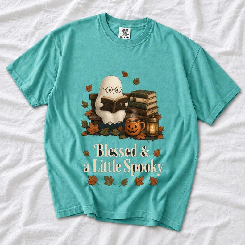 Cute ghost with glasses reading a Bible with a candle and mug, text "Blessed & a Little Spooky", retro fall illustration