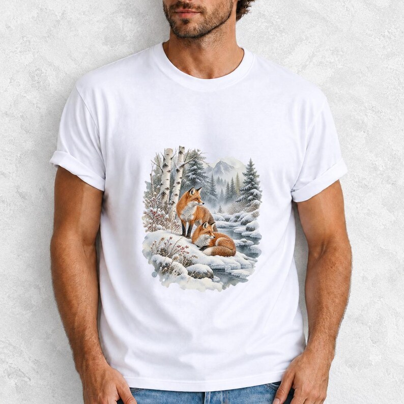 Comfort Colors Winter Fox Shirt, Watercolor Red Fox Tee, Snowy Forest Fox T-shirt, Fox Lover Nature Shirt Gift, Birch Forest Fox Tee