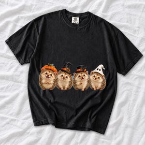 Realistic illustration of four hedgehogs wearing tiny Halloween hats in a row