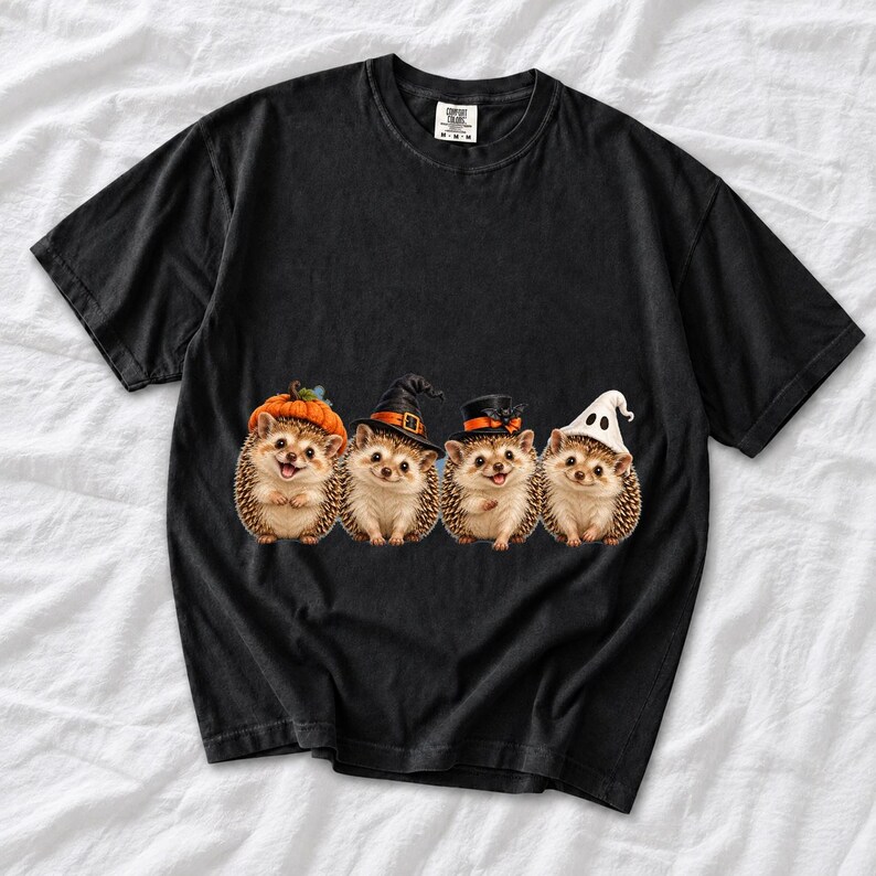 Realistic illustration of four hedgehogs wearing tiny Halloween hats in a row