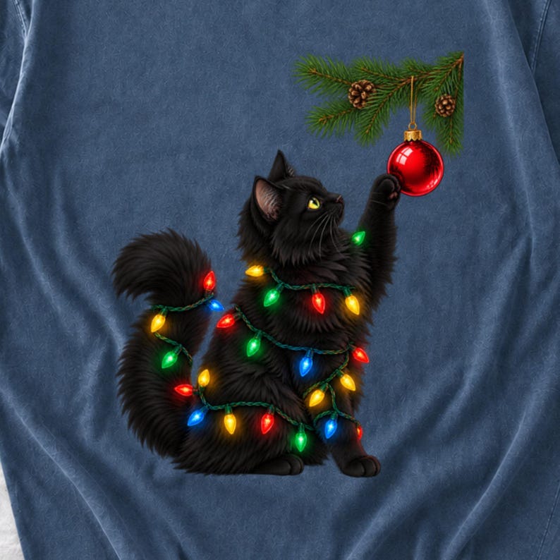 Comfort Colorsの黒猫クリスマスシャツ、面白い猫のオーナメントTシャツ、黒猫クリスマスライトTシャツ、猫ママホリデーシャツ 画像 1