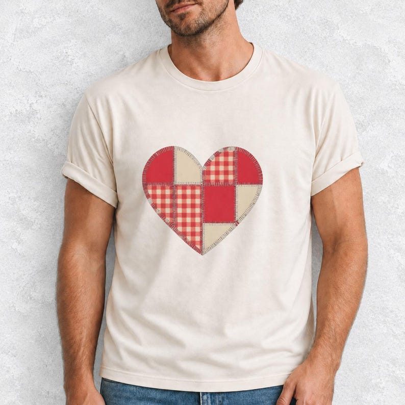 Comfort Colors Gingham Patchwork Heart Shirt, Red Heart Valentine Tee, Red Plaid Heart T-shirt, Valentines Day Heart Shirt Women