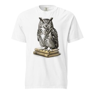 Great Horned Owl Shirt, Owl on Books Tee, Comfort Colors Owl Lover T-shirt, Dark Academia Owl Shirt, Librarian Owl Tee Gift image 3